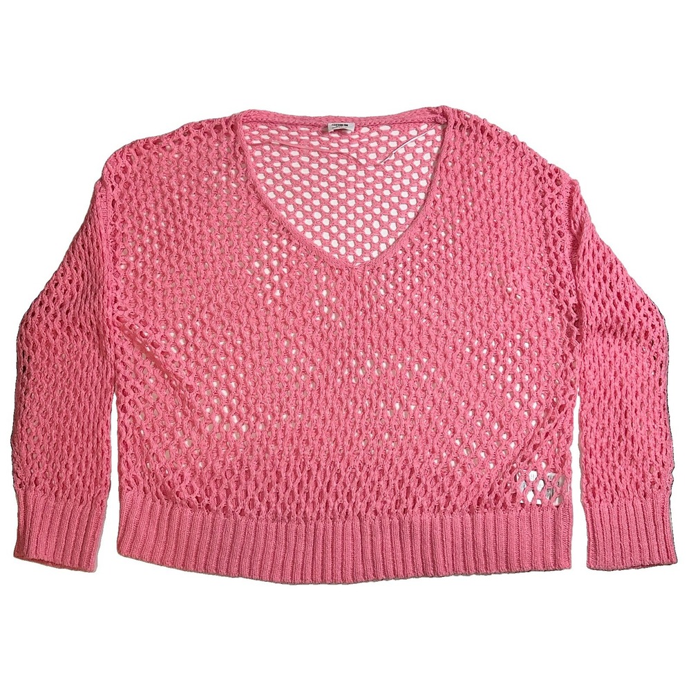 Cotton On Women's MEDIUM Long Sleeve Hot Pink Crochet Pullover Relaxed Sweater